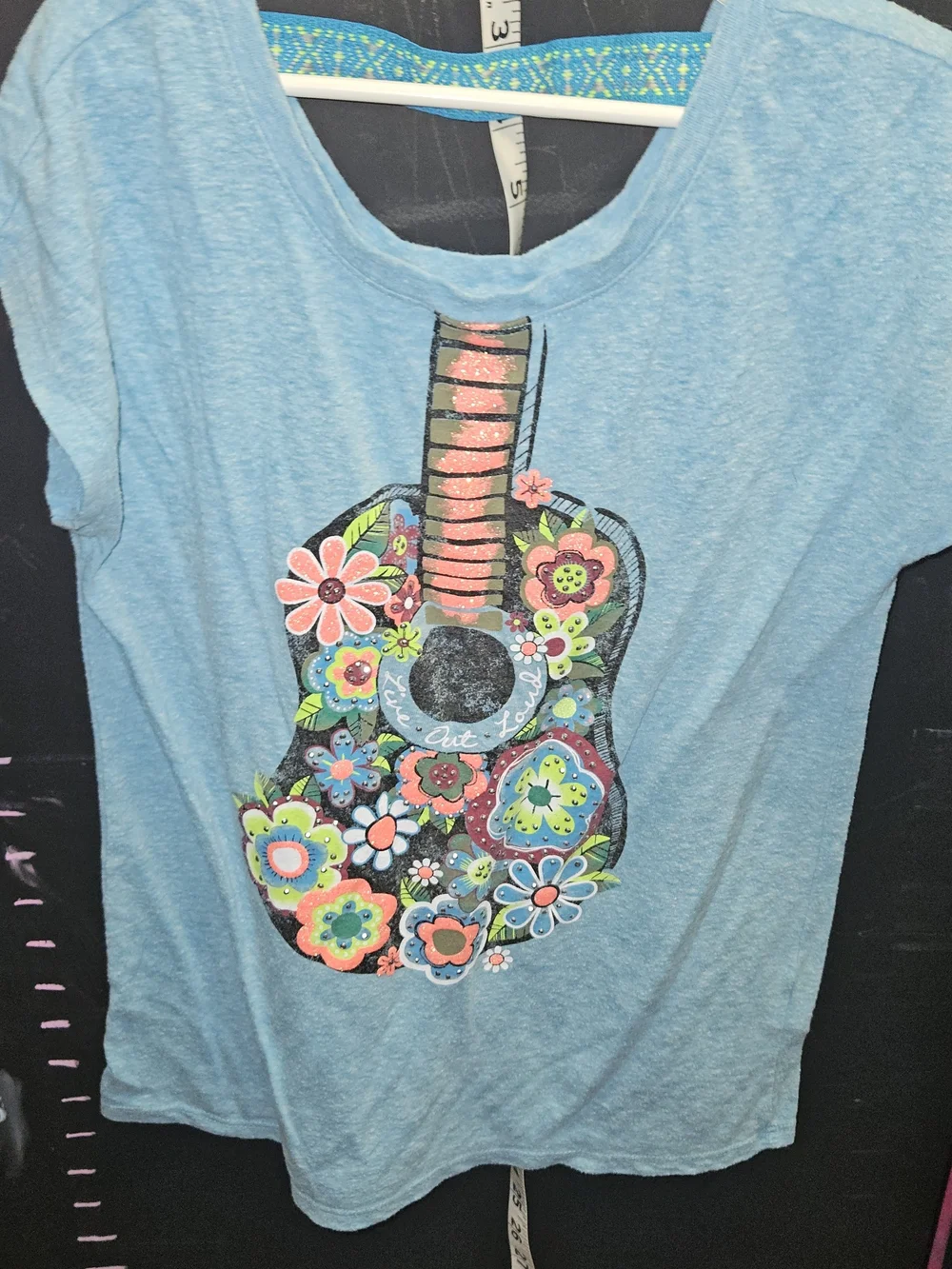Justice Light Blue Floral Guitar Tee Size 10 Girls